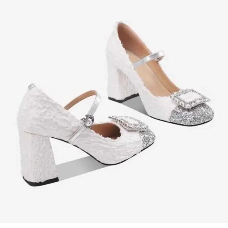 Autumn new coarse heel shoes women's round head shallow mouth color diamond buckle anti-slip wear-resistant low-top shoes