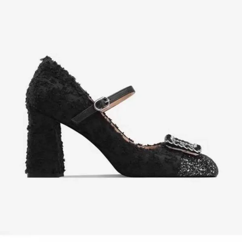 Autumn new coarse heel shoes women's round head shallow mouth color diamond buckle anti-slip wear-resistant low-top shoes
