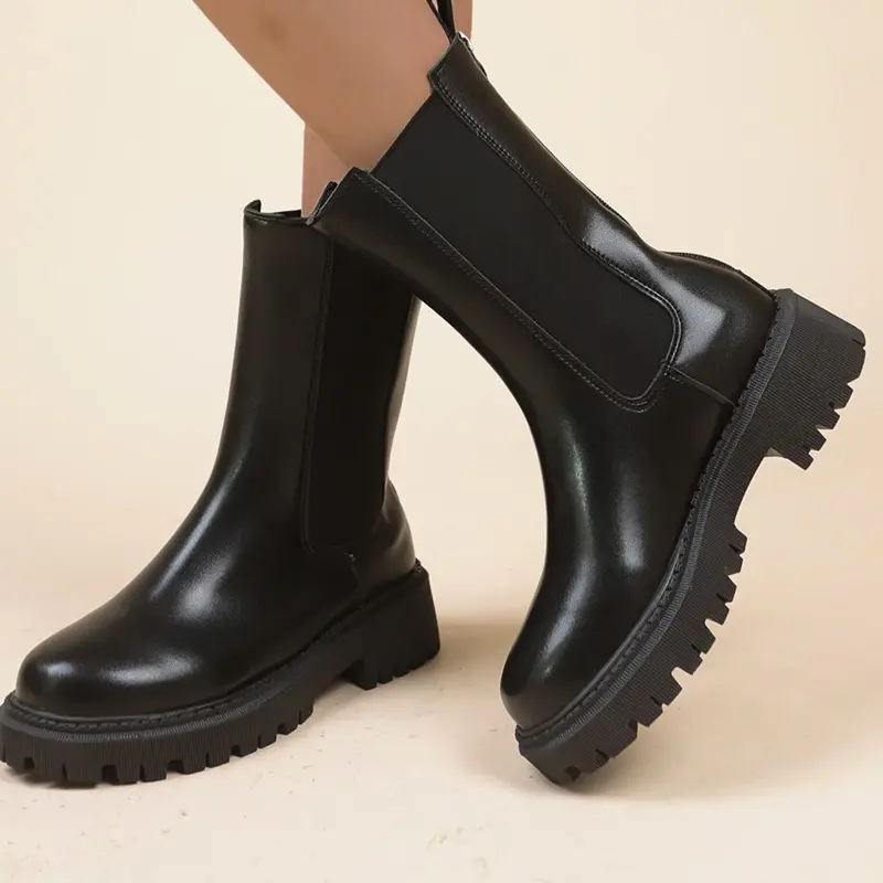 Leather Stretch Single Boots Women's Platform New Round Toe Sleeve Inner Heightening Mid-Tube Booties for Autumn and Winter