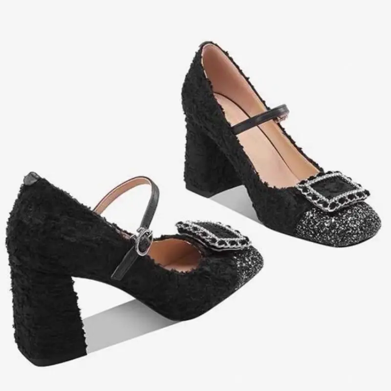 Autumn new coarse heel shoes women's round head shallow mouth color diamond buckle anti-slip wear-resistant low-top shoes