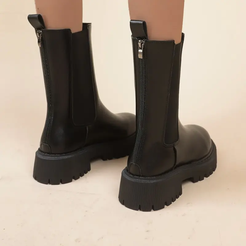 Leather Stretch Single Boots Women's Platform New Round Toe Sleeve Inner Heightening Mid-Tube Booties for Autumn and Winter