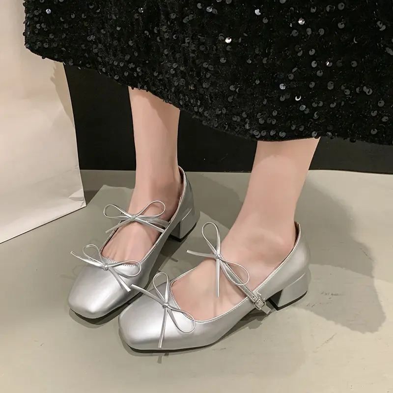 Summer Square Heel Shoes Women Fashion Square Head Shallow Mouth Butterfly Knot Slip-on Wear Resistant Heel Shoes