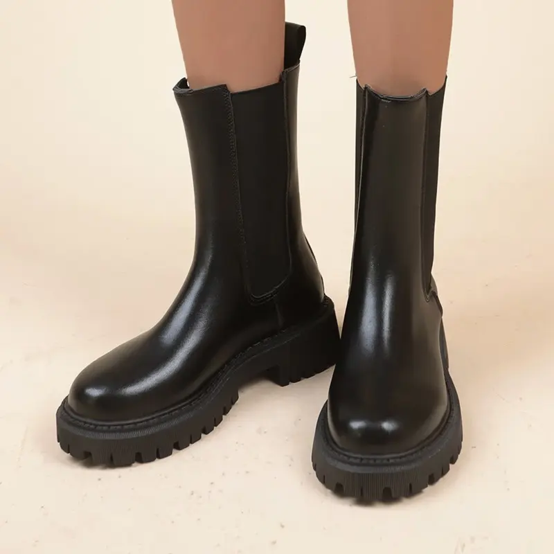 Leather Stretch Single Boots Women's Platform New Round Toe Sleeve Inner Heightening Mid-Tube Booties for Autumn and Winter