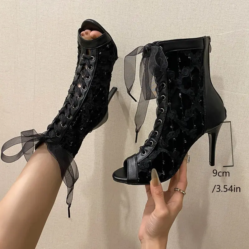 Women's Slim Heel Single Boots Spring New Round Head Open Toe Front Lacing Back Zipper Anti-slip Wear-resistant High Heels