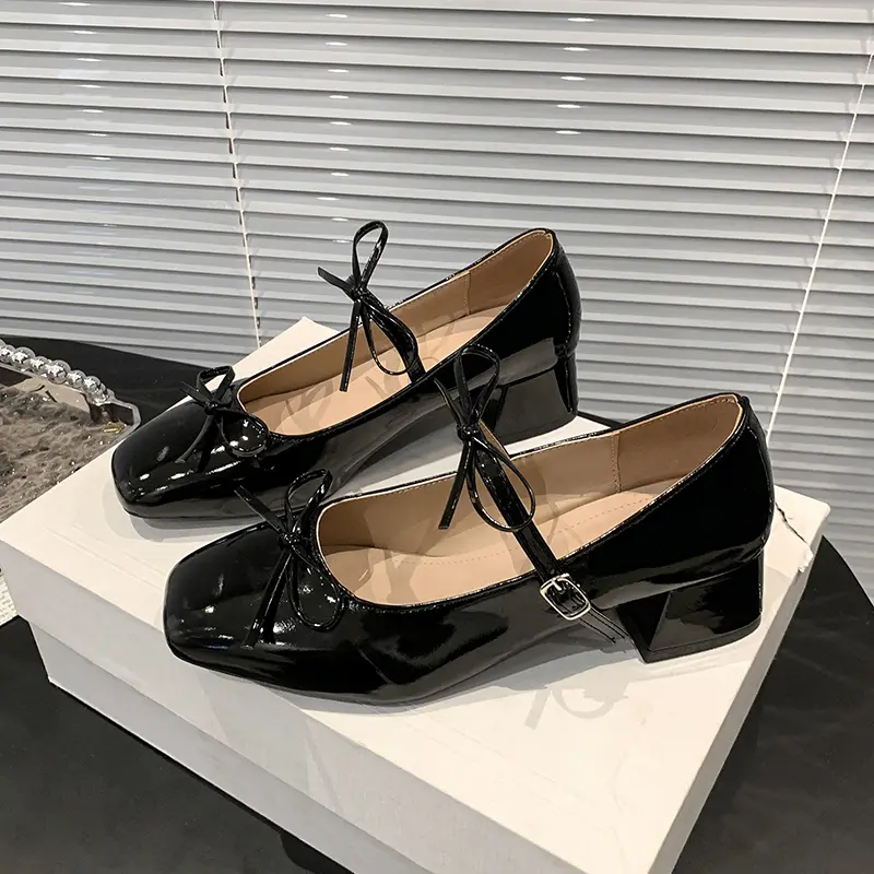 Summer Square Heel Shoes Women Fashion Square Head Shallow Mouth Butterfly Knot Slip-on Wear Resistant Heel Shoes