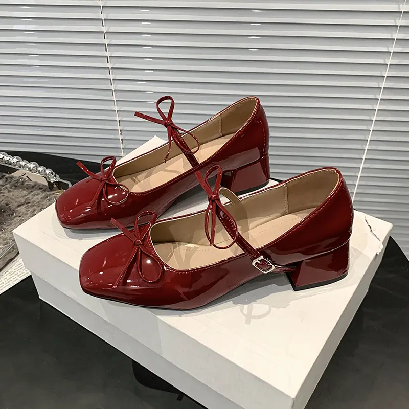 Summer Square Heel Shoes Women Fashion Square Head Shallow Mouth Butterfly Knot Slip-on Wear Resistant Heel Shoes