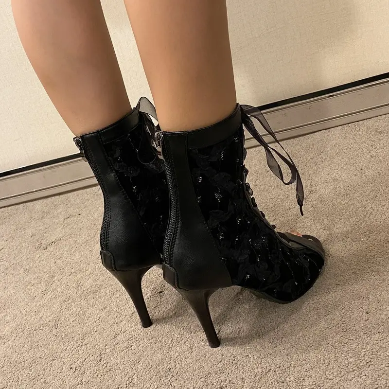 Women's Slim Heel Single Boots Spring New Round Head Open Toe Front Lacing Back Zipper Anti-slip Wear-resistant High Heels
