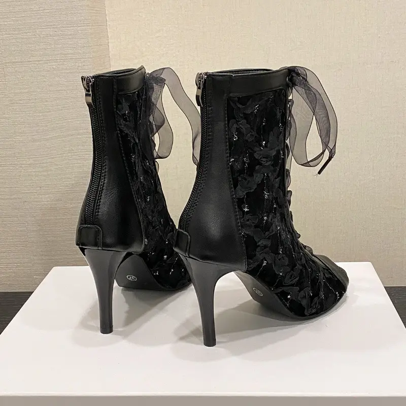Women's Slim Heel Single Boots Spring New Round Head Open Toe Front Lacing Back Zipper Anti-slip Wear-resistant High Heels