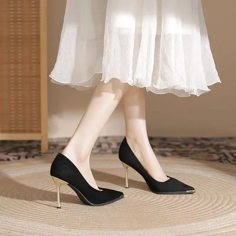 Women's Thin Heel Shoes Autumn New Metal Pointed Shallow Mouth Anti-slip Wear-resistant High Heels