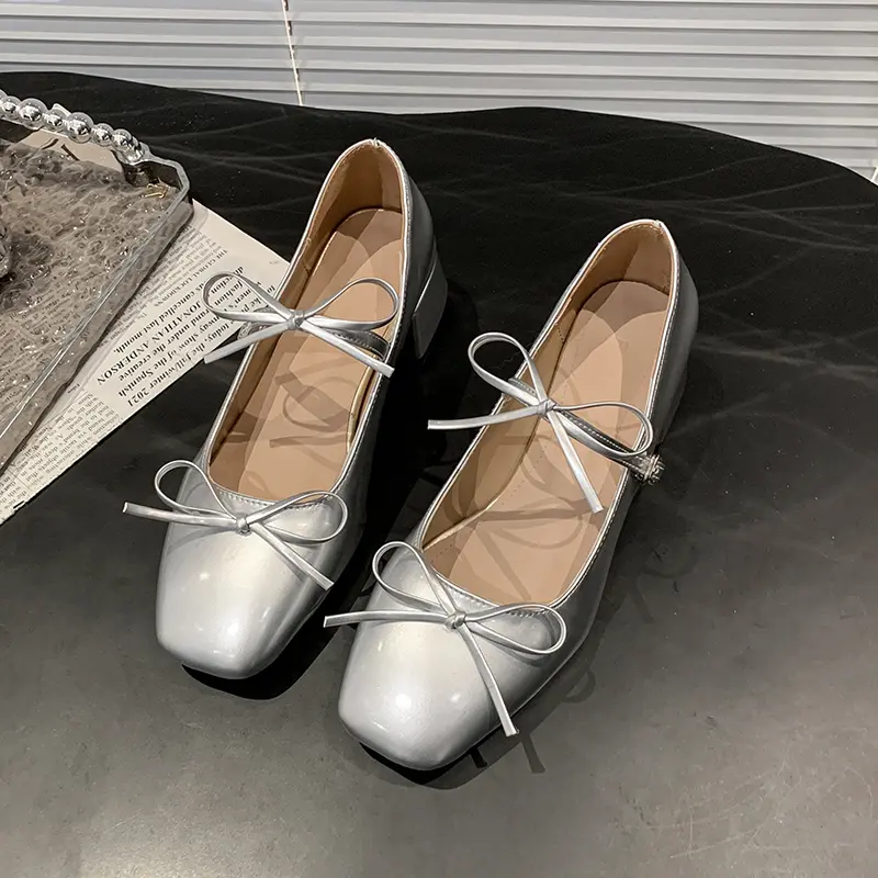 Summer Square Heel Shoes Women Fashion Square Head Shallow Mouth Butterfly Knot Slip-on Wear Resistant Heel Shoes