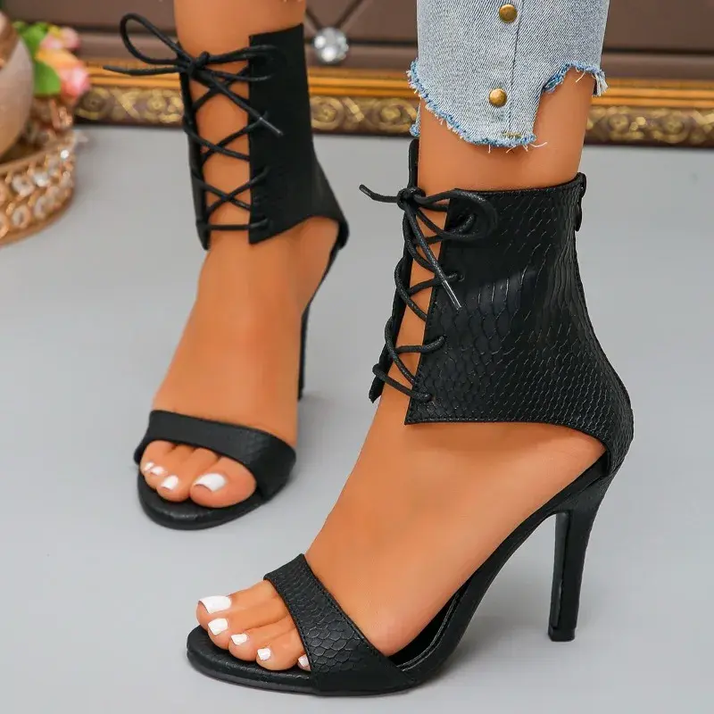Stiletto Sandals Summer New Round Head Open Toe Front Lacing Back Zipper Anti-slip Wear-resistant Fashion High Heels