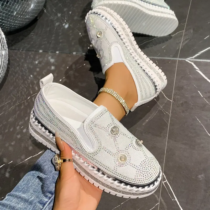 Plus Size Rhinestone Shallow Mouth Loafers Women's Spring New Round Toe Deep Mouth Slip-on Platform Slip-ons