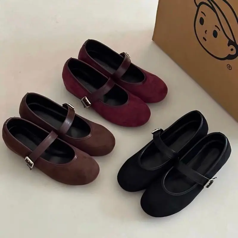 Women's Low Heel Shoes Spring New Round Head Shallow Mouth Suede Metal Buckle Soft Sole Anti-slip Wear-resistant Low Top Shoes
