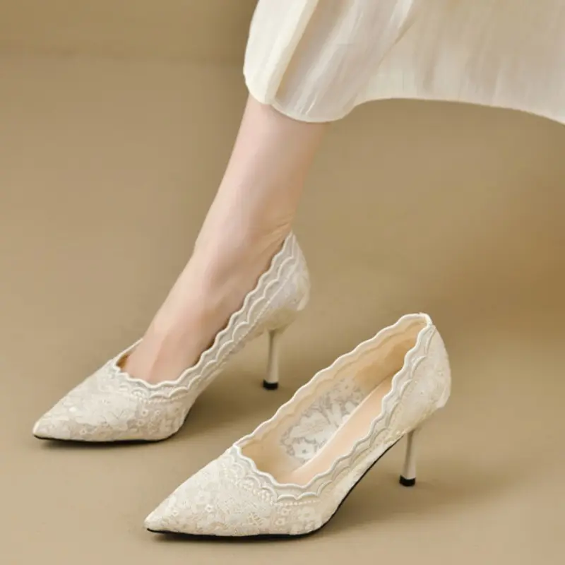 Women's fashion slim heel shoes spring new pointed head shallow mouth lace breathable slip-on wear-resistant high heels