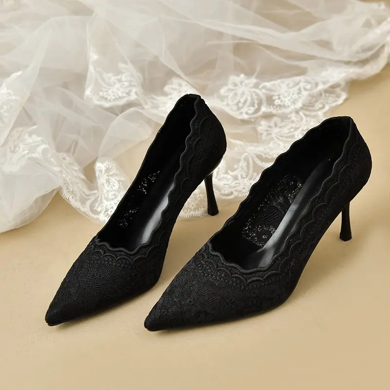 Women's fashion slim heel shoes spring new pointed head shallow mouth lace breathable slip-on wear-resistant high heels