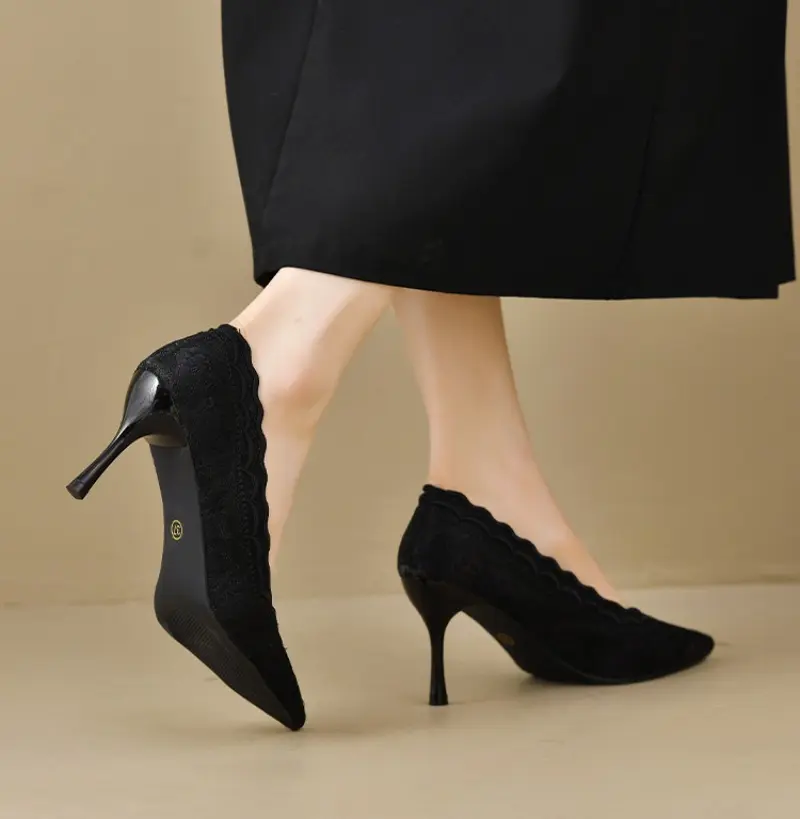 Women's fashion slim heel shoes spring new pointed head shallow mouth lace breathable slip-on wear-resistant high heels