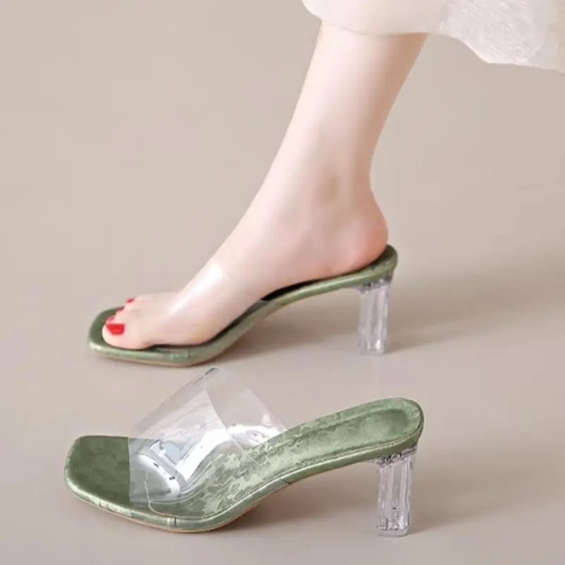 Explosive Crystal Heel Cool Mopping Summer New Square Toe Versatile Outward Wear Transparent One-band Block Heel Sandals