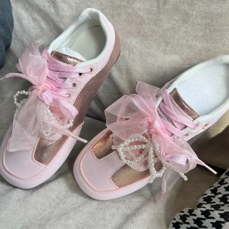 Flat Sneakers Spring and Autumn New Round Toe Deep Mouth Spliced Beaded Bow Front Lace-Up Soft Sole Single Shoes