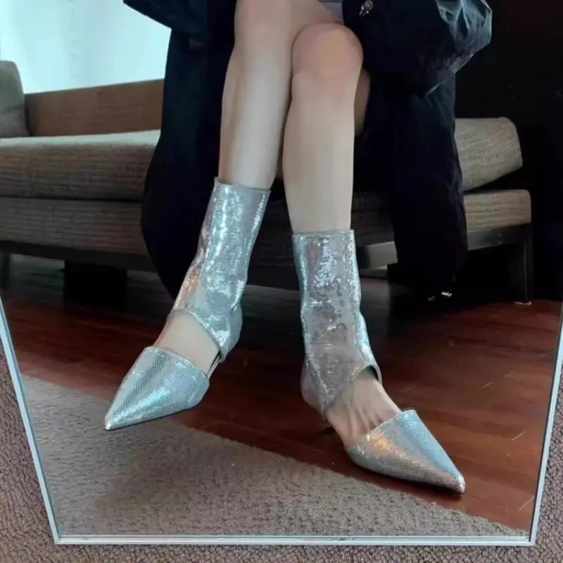 New boots women's summer short barrel pointed toe thin heel sequined cat heel fashion explosive temperament cool boots