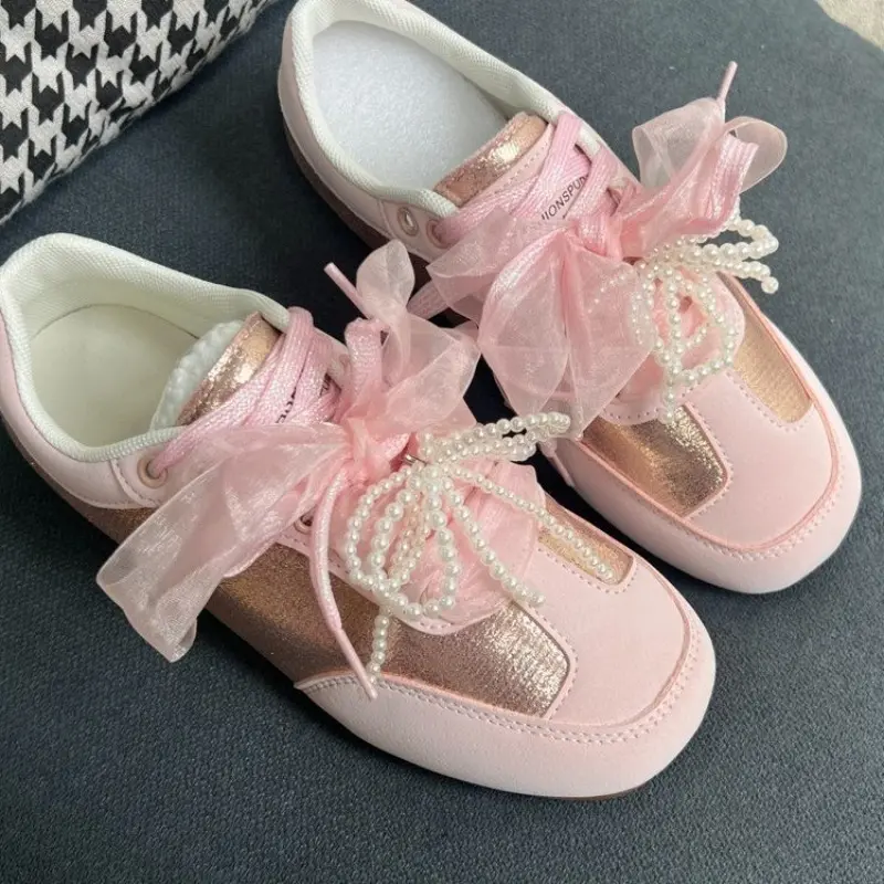 Flat Sneakers Spring and Autumn New Round Toe Deep Mouth Spliced Beaded Bow Front Lace-Up Soft Sole Single Shoes