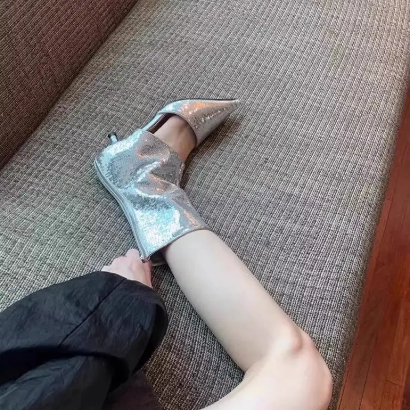 New boots women's summer short barrel pointed toe thin heel sequined cat heel fashion explosive temperament cool boots