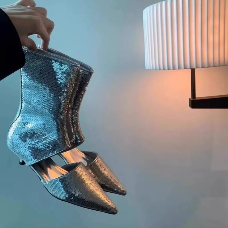 New boots women's summer short barrel pointed toe thin heel sequined cat heel fashion explosive temperament cool boots