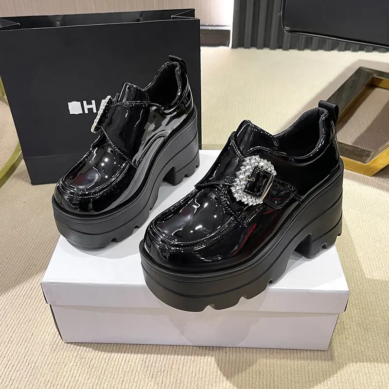 Women's Fashion Thick Heel Shoes Spring New Square Head Deep Mouth Water Drill Buckle Thick Sole Non-slip Low-top Shoes