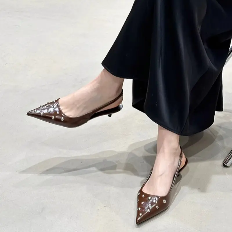 Women's Fashion Baotong Thin Heel Sandals Spring Pointed Head Shallow Mouth Rivet Anti-slip Wear-resistant Low Heel Shoes