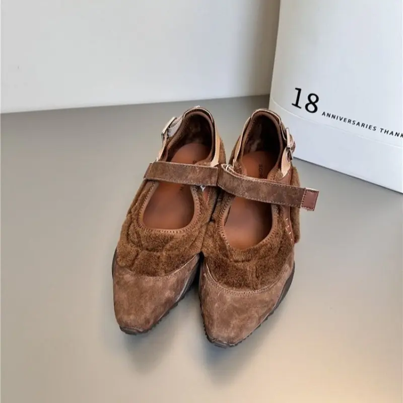 Women's Fashion Square Heel Shoes Winter New Pointed Head Shallow Mouth Suede Anti-slip Wear-resistant Low-top Shoes