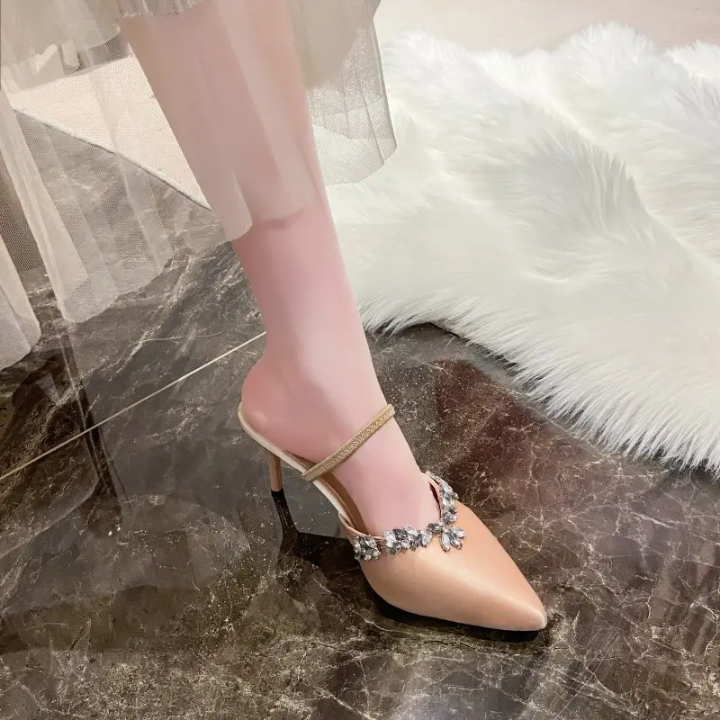 New Spring Slippers Women's Fashion Pointy Shallow-cut Sequin Slip-on Anti-slip and Wear-resistant Stiletto Sandals