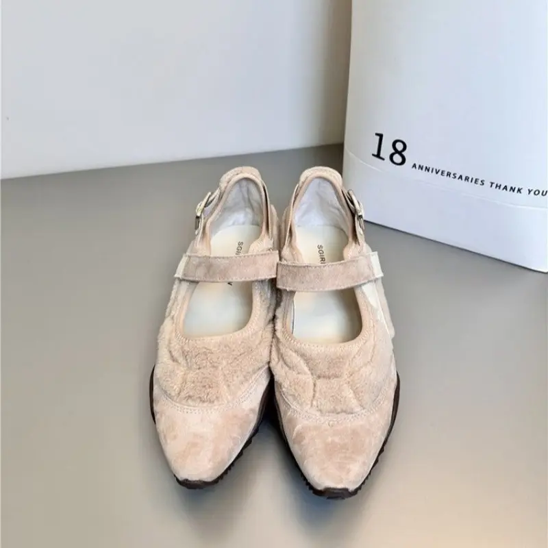 Women's Fashion Square Heel Shoes Winter New Pointed Head Shallow Mouth Suede Anti-slip Wear-resistant Low-top Shoes