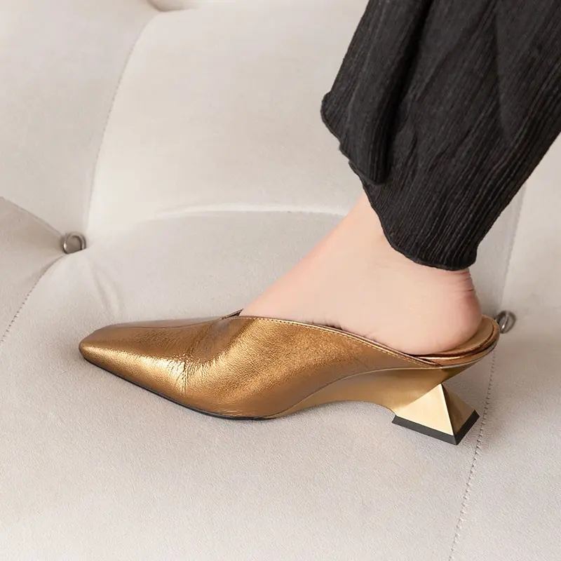 Baotou Slippers Women's New Spring Square Toe Shallow Mouth No Heel Half Drag Outward Wear Special-shaped Heel High Heels