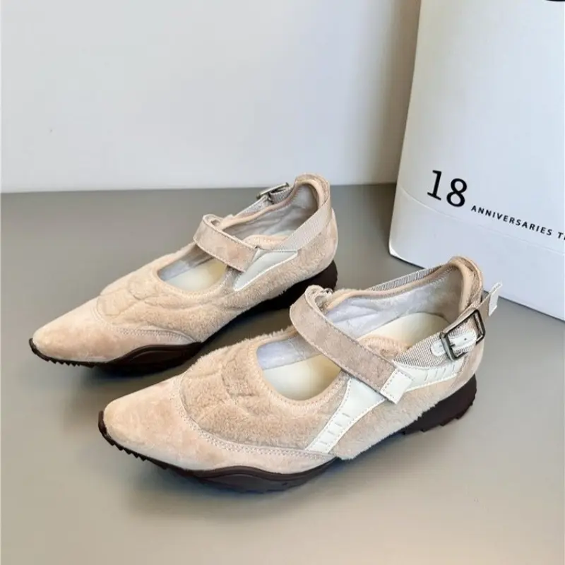 Women's Fashion Square Heel Shoes Winter New Pointed Head Shallow Mouth Suede Anti-slip Wear-resistant Low-top Shoes