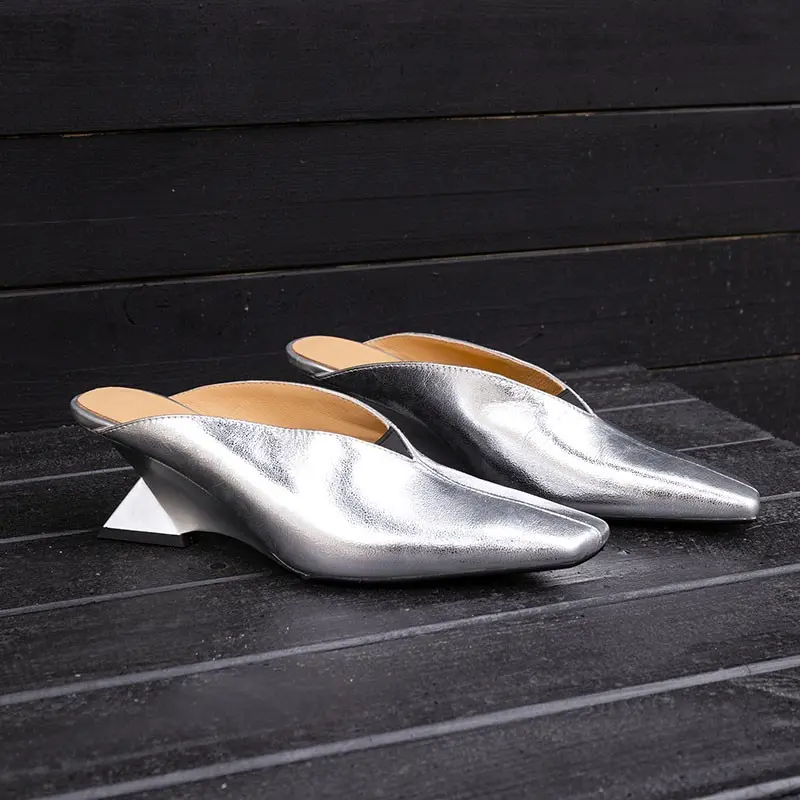 Baotou Slippers Women's New Spring Square Toe Shallow Mouth No Heel Half Drag Outward Wear Special-shaped Heel High Heels