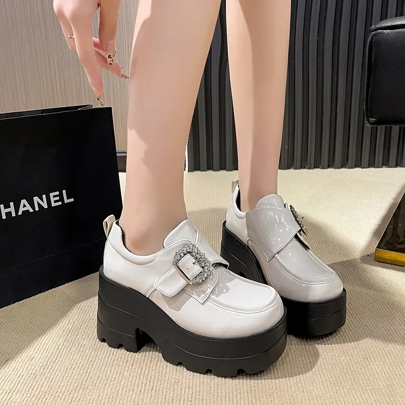 Women's Fashion Thick Heel Shoes Spring New Square Head Deep Mouth Water Drill Buckle Thick Sole Non-slip Low-top Shoes
