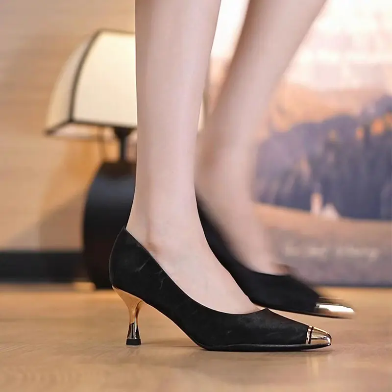 Metal Toe Stiletto Single Shoes Women's Fashion Pointed Toe Shallow Suede Non-Slip Wear-Resistant High Heels