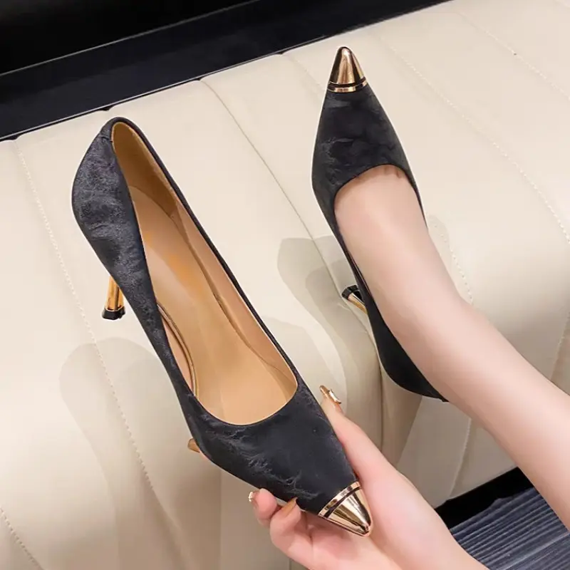 Metal Toe Stiletto Single Shoes Women's Fashion Pointed Toe Shallow Suede Non-Slip Wear-Resistant High Heels
