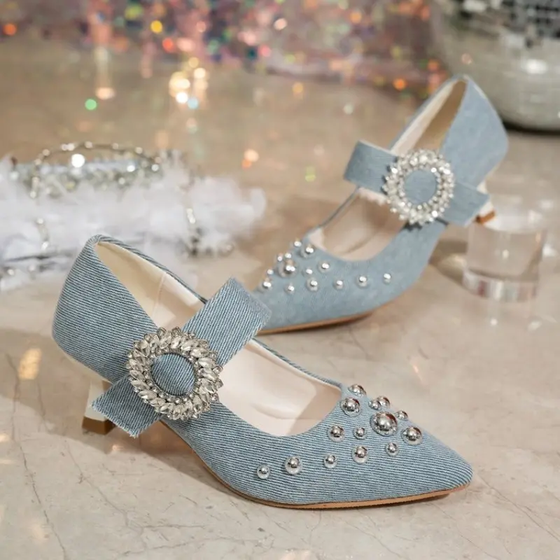 Fashion Studded Stiletto Single Shoes Summer New Pointed Toe Shallow Cloth Metal Buckle Non-slip High Heels