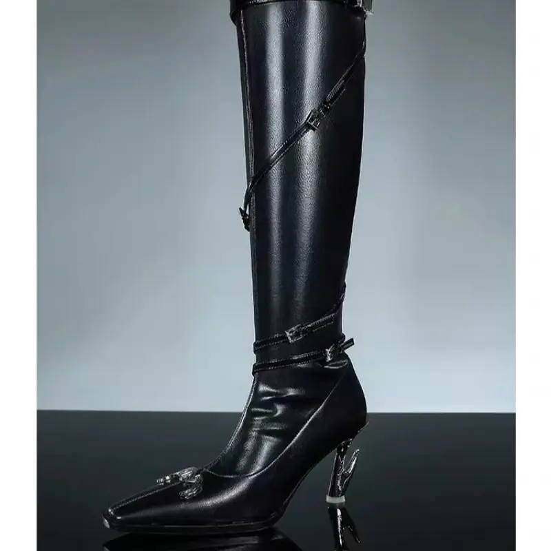 Autumn Special Heel Spice Girl High Heel Boots Pointed Toe Metal Buckle Side Zipper No Knee High Fashion Leather Boots