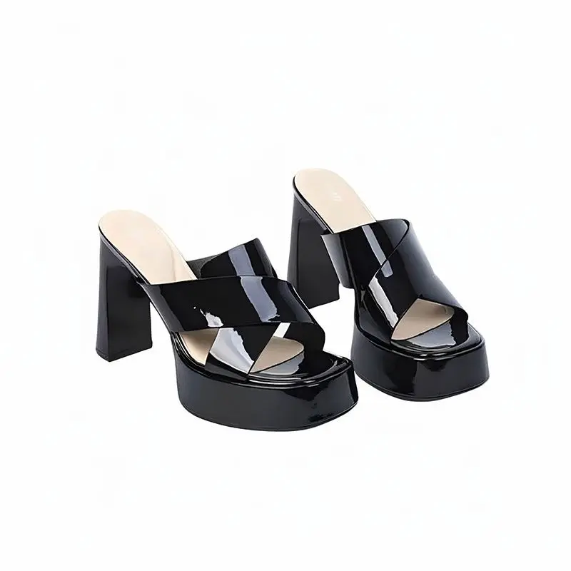 Waterproof Taiwanese Square Heel Slippers Women's Fashion Square Toe Open Toe Cross Strap Anti-Slip Wear-Resistant High Heels