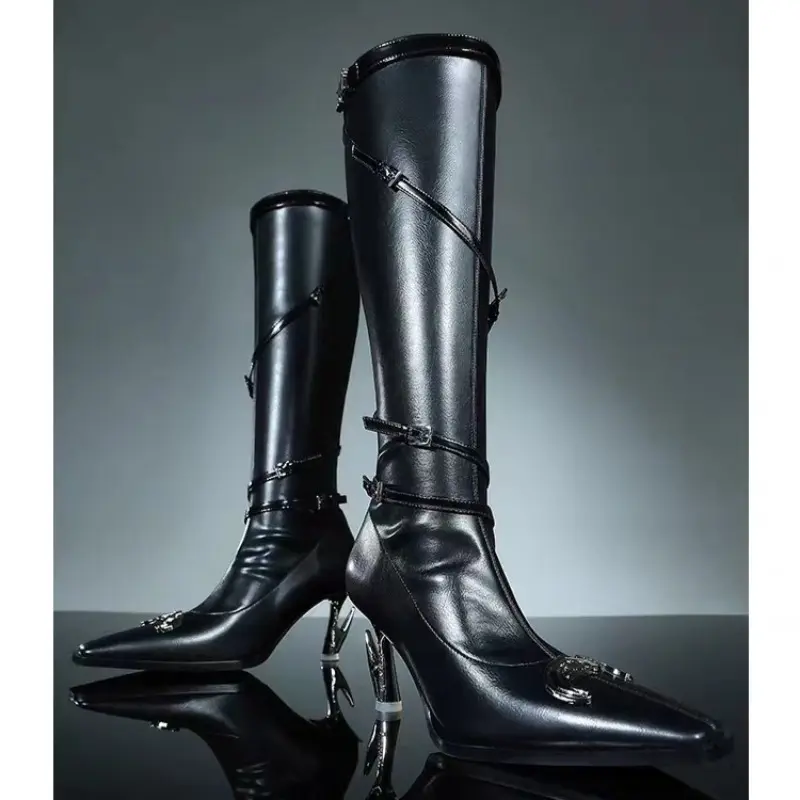 Autumn Special Heel Spice Girl High Heel Boots Pointed Toe Metal Buckle Side Zipper No Knee High Fashion Leather Boots