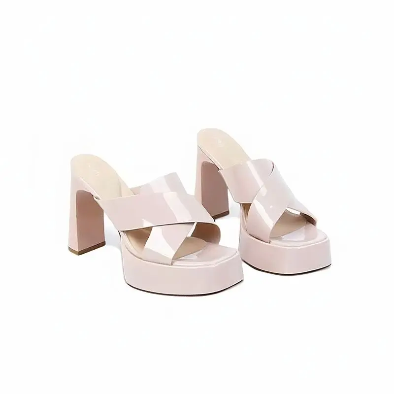 Waterproof Taiwanese Square Heel Slippers Women's Fashion Square Toe Open Toe Cross Strap Anti-Slip Wear-Resistant High Heels