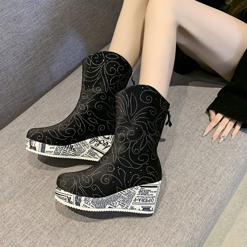 Rhinestone Suede Wedge Single Boots Women's Fashion Round Toe Rear Zip Platform Anti-Slip Wear-Resistant Short Shoe