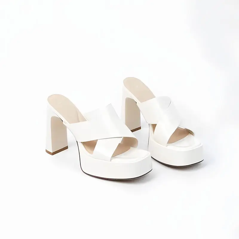 Waterproof Taiwanese Square Heel Slippers Women's Fashion Square Toe Open Toe Cross Strap Anti-Slip Wear-Resistant High Heels