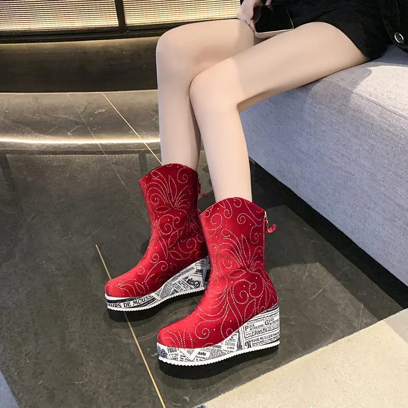 Rhinestone Suede Wedge Single Boots Women's Fashion Round Toe Rear Zip Platform Anti-Slip Wear-Resistant Short Shoe