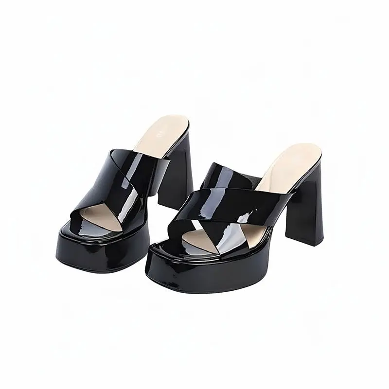 Waterproof Taiwanese Square Heel Slippers Women's Fashion Square Toe Open Toe Cross Strap Anti-Slip Wear-Resistant High Heels