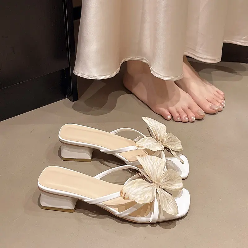 Fashion Square Heel Sandals Women's Summer New Square Toe Open Toe Iris Flower Thin Strap Non-Slip Kitten Heel Shoes