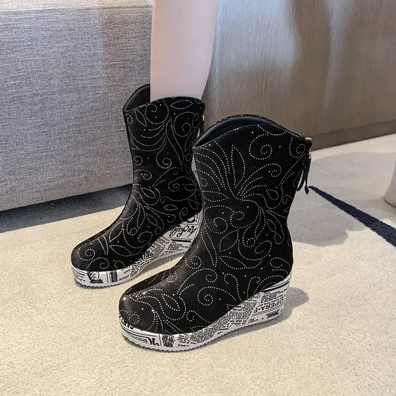 Rhinestone Suede Wedge Single Boots Women's Fashion Round Toe Rear Zip Platform Anti-Slip Wear-Resistant Short Shoe