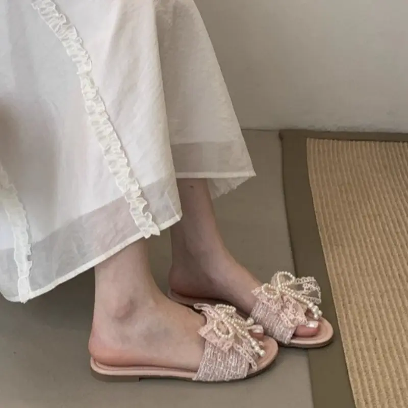 Flat Flip-Flops Women's Summer New Round Toe Open Toe Cloth Face Lace Cloth Face Beaded Bow Soft Sole Non-Slip Sandals