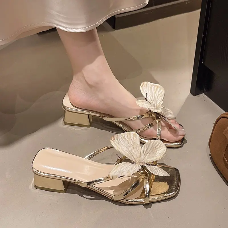 Fashion Square Heel Sandals Women's Summer New Square Toe Open Toe Iris Flower Thin Strap Non-Slip Kitten Heel Shoes